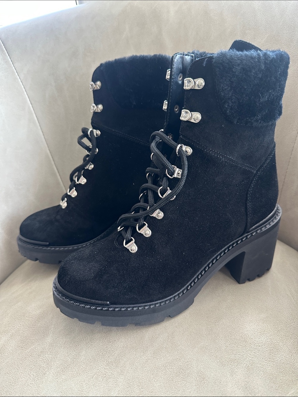 Aquatalia Eva Faux Shearling Cuff Weatherproof Hiker Boot Black Suede size 10.5